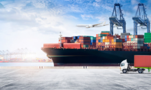 Cargo ship port crane and truck DAP delivery