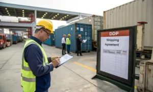 Warehouse employee checking DDP shipping agreement and logistics