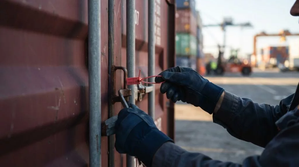 Gloved hands checking a container door seal at a terminal