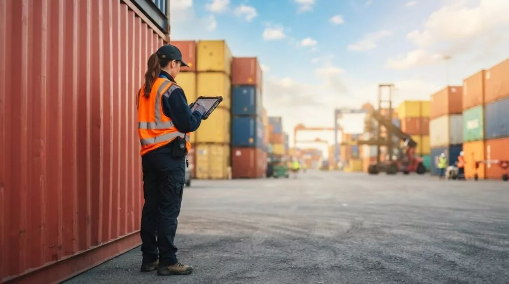 Inspector with a tablet beside a shipping container at a terminal