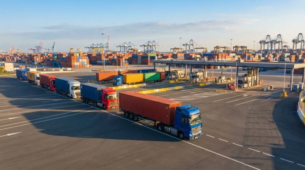 Trucks queuing at the terminal gate in warm morning light