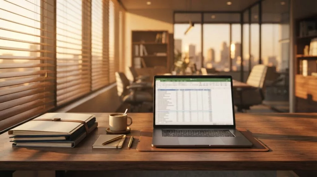 Laptop and folders on a wooden desk in warm sunlight through blinds
