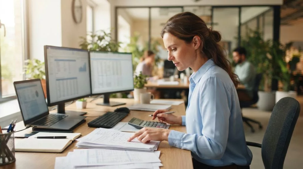 Finance professional processing import VAT at a desk with two monitors