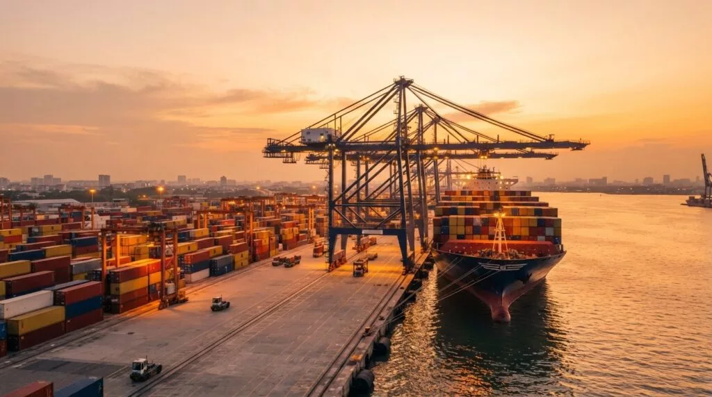 Port area at sunset with cranes and container ships along the quay