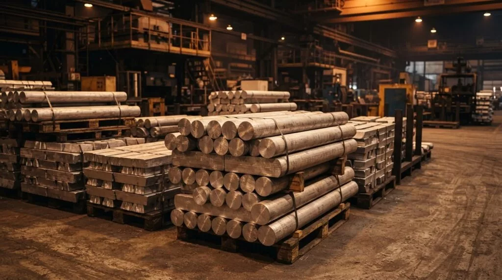 Stacked aluminium billets under warm industrial lighting