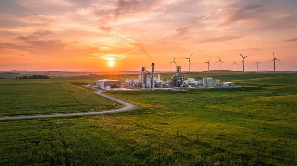 Industrial site with wind turbines in the background at sunset