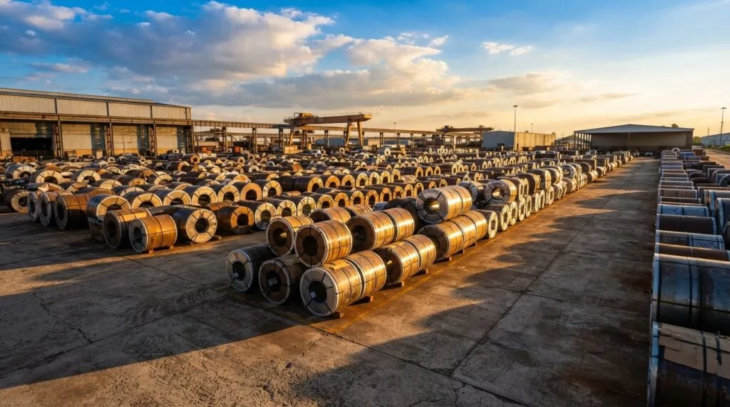 Rows of coiled steel in a storage yard at golden hour