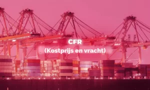 Container terminal with gantry cranes and stacked containers labelled cost and freight