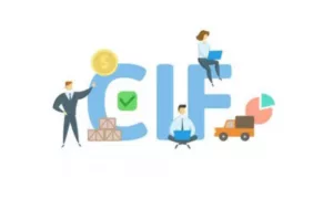 Flat illustration of business people around large CIF letters with coins and cargo