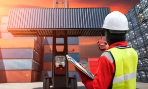 Customs specialist handling import and export declarations and transit documents for traders