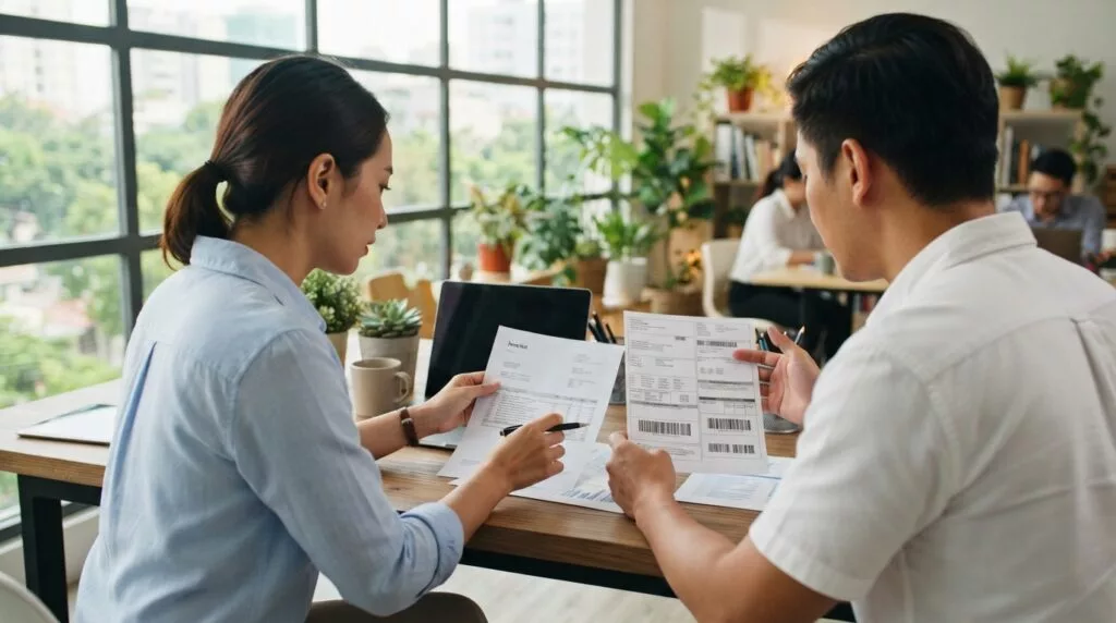 Two colleagues comparing a freight invoice and shipping document in a bright office