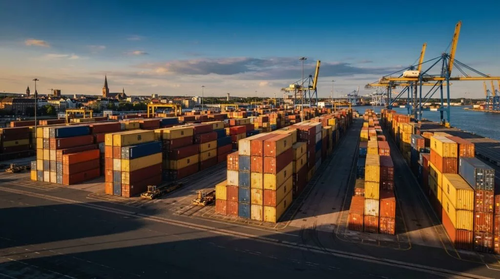 Colourful shipping containers at a European container terminal in warm late afternoon light