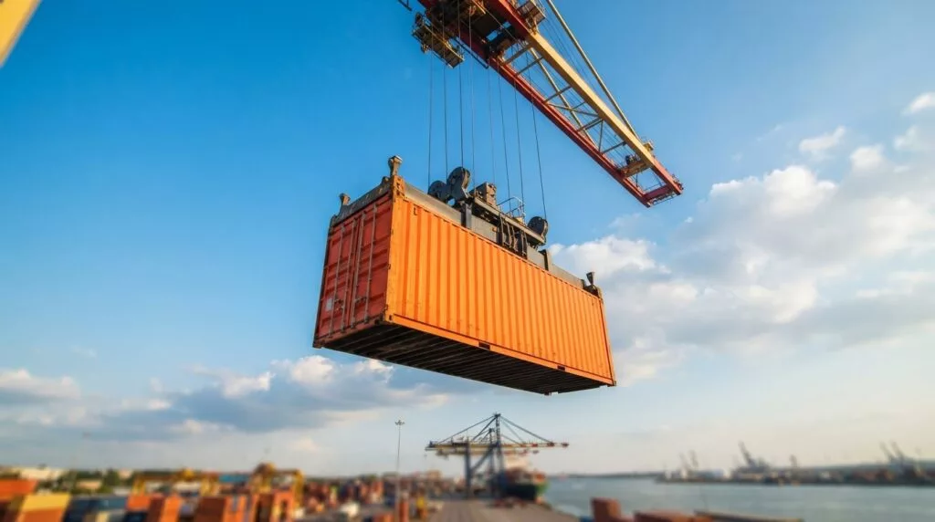 An orange shipping container being lifted by a crane against a blue sky
