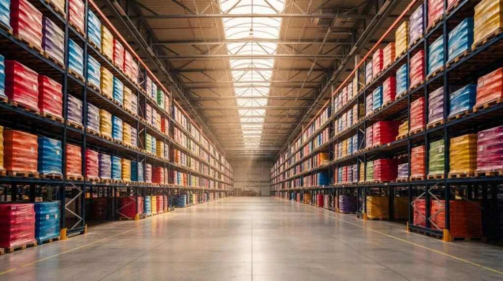Spacious modern warehouse with colourful pallets and daylight through the roof windows
