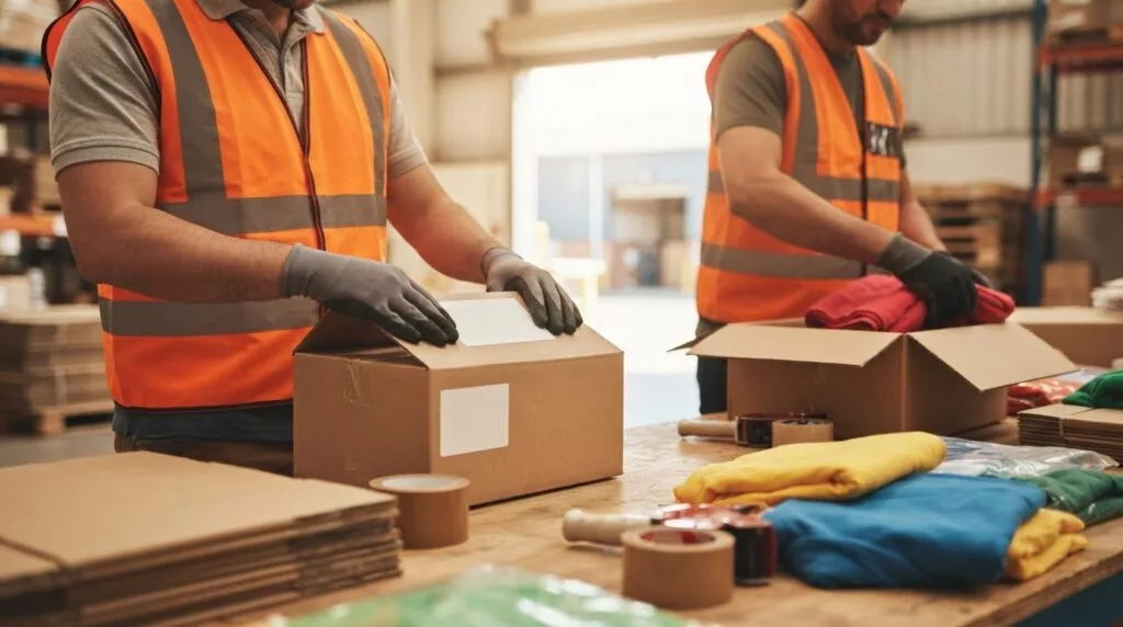 Workers repacking and labelling goods at a packing bench