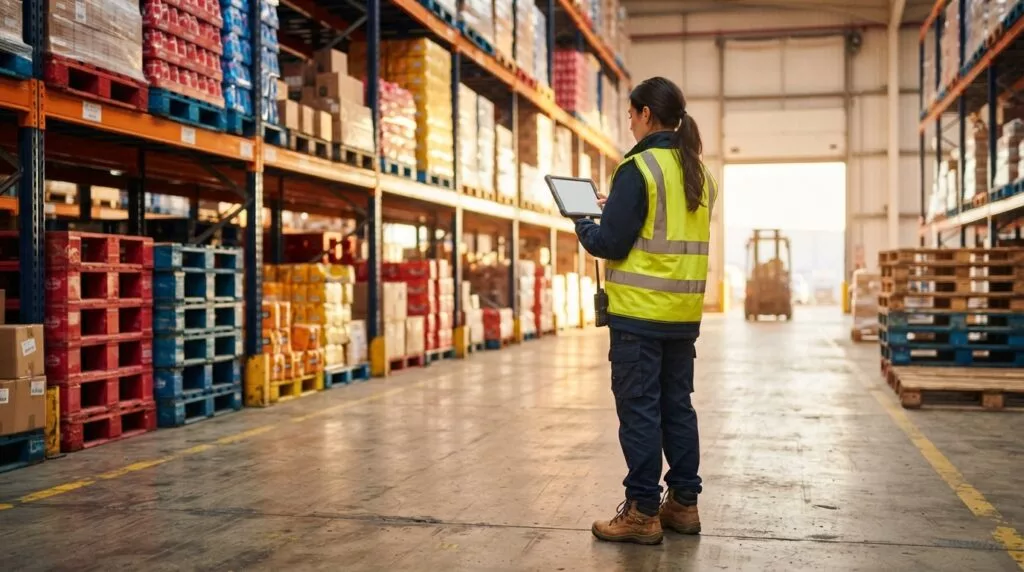 Warehouse supervisor with a tablet beside tall racking of colourful pallets