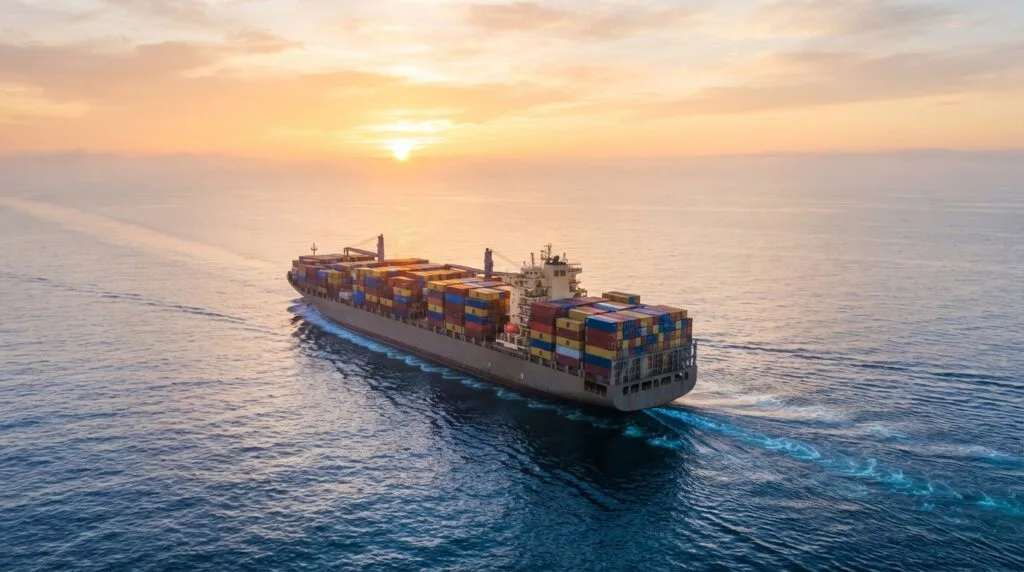 Container vessel under way on calm water at sunrise