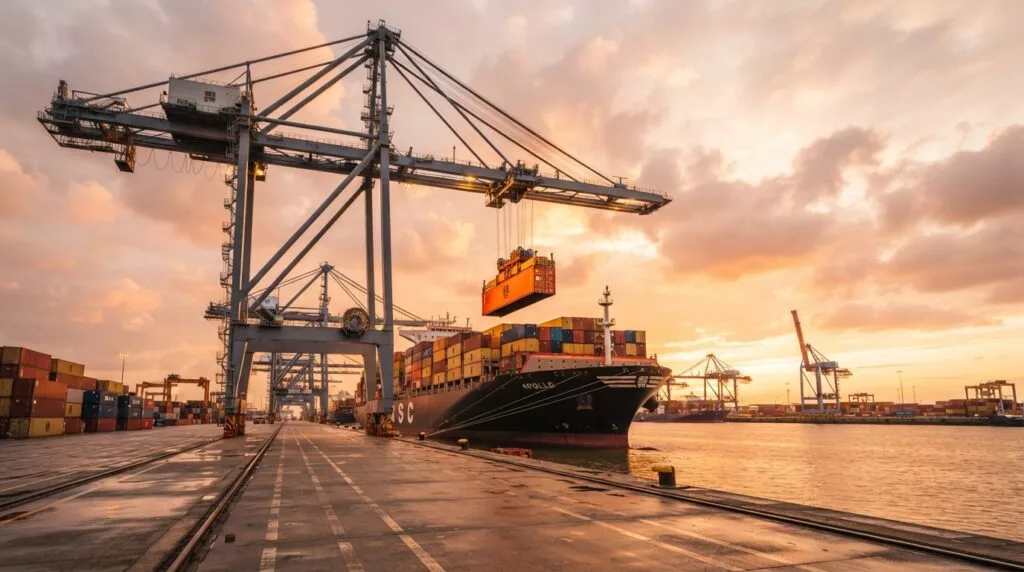 Crane loading a container onto a vessel in warm evening light