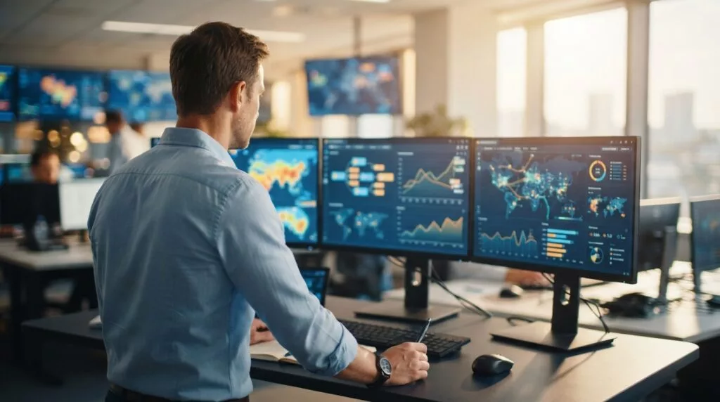 Logistics planner tracking shipments on several screens in a control room