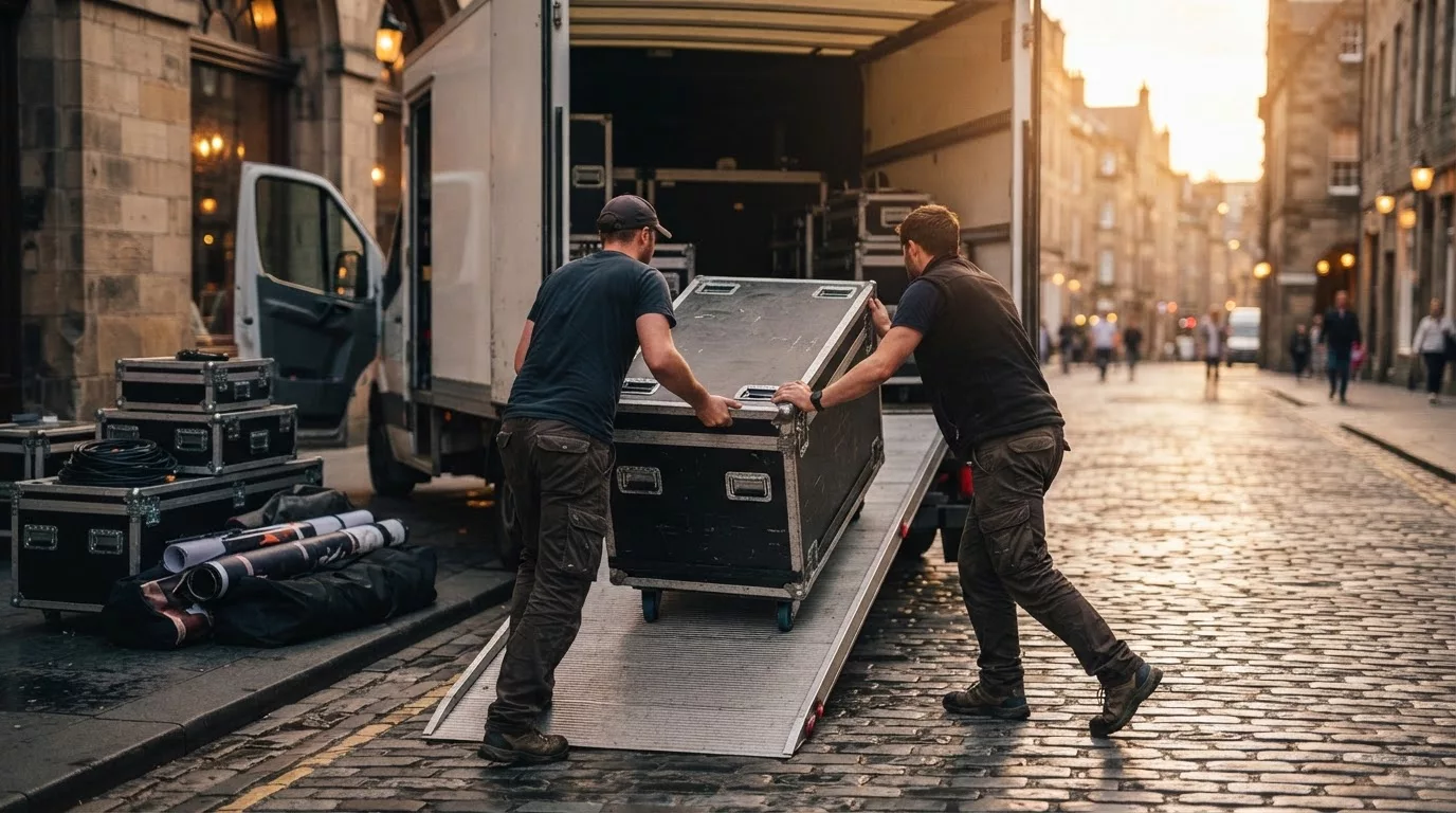 Two crew members loading flight cases with exhibition equipment into a truck