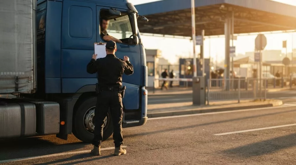 Customs officer checking documents at a truck at a road border post
