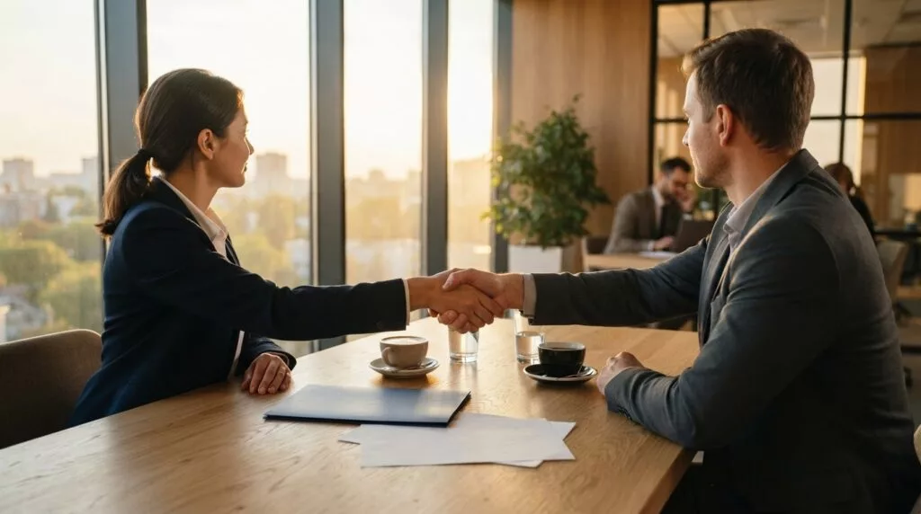 Importer and customs broker shaking hands after agreeing the terms