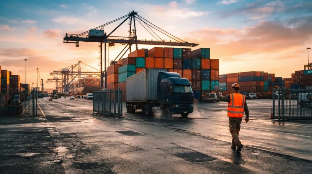 Container truck leaving the terminal at sunrise after customs release