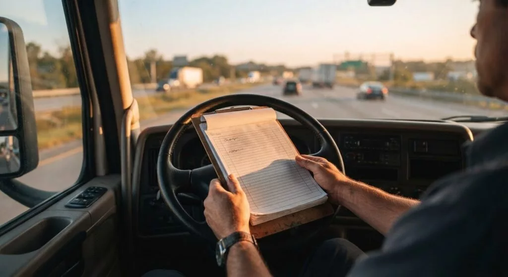 Driver's hands holding the carbon copies of a consignment note on a clipboard in the cab