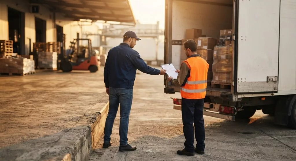 Driver handing the consignment note to a warehouse worker at the open rear doors of a trailer