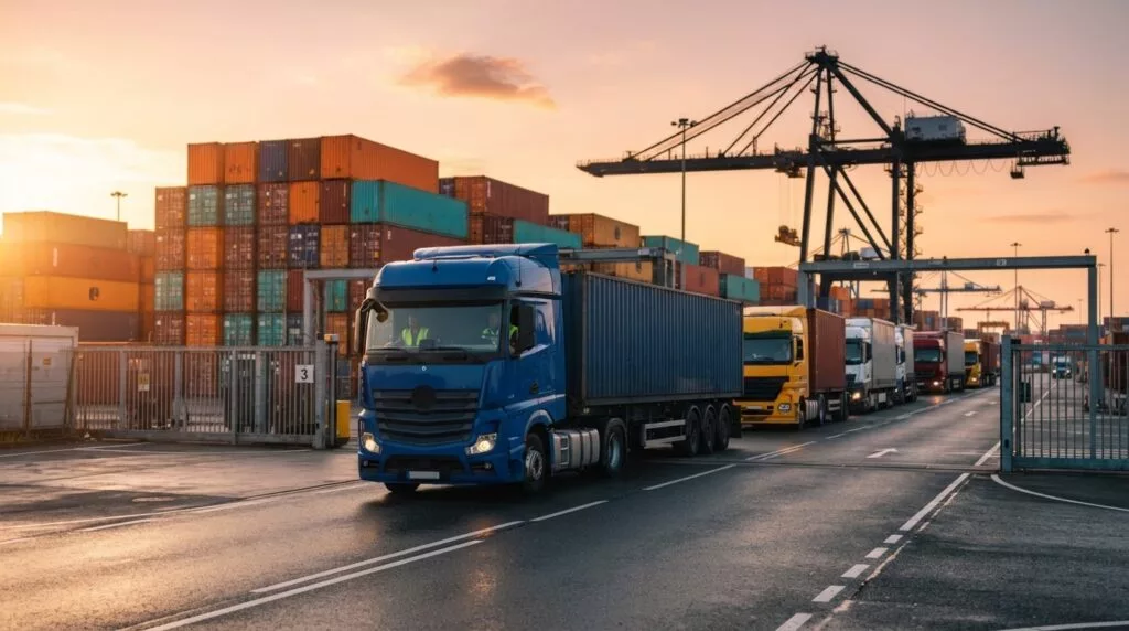 Container trucks waiting at a terminal gate in the early morning
