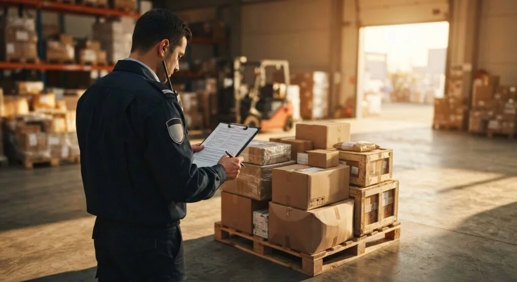 Customs inspector comparing shipping documents against boxed goods on a pallet in a warehouse