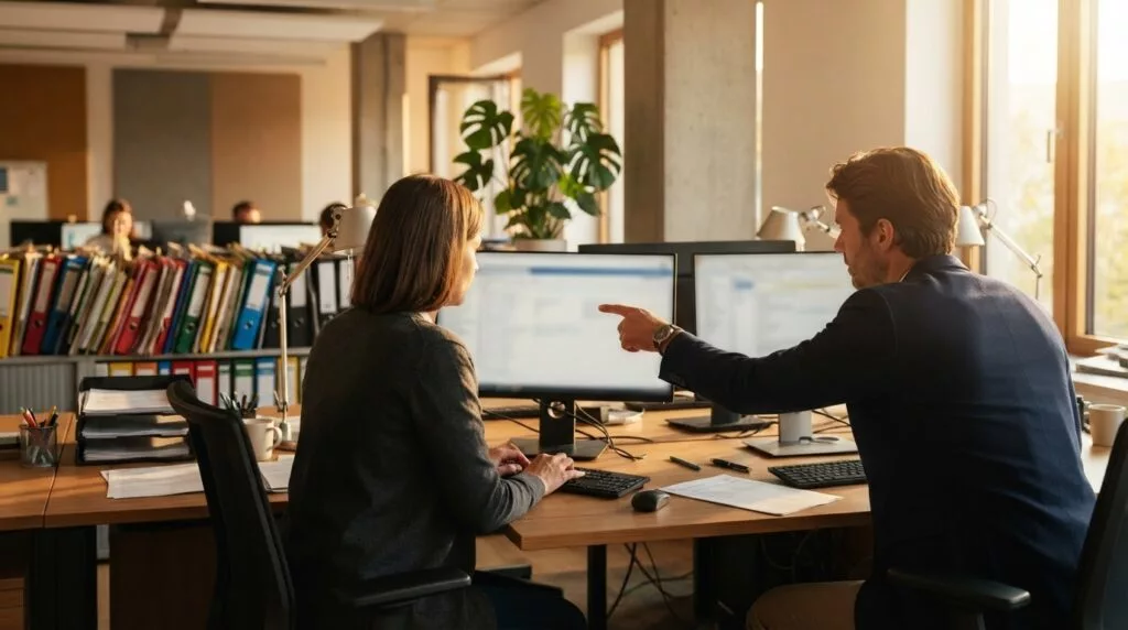 Two customs declaration specialists working together on declarations in an office