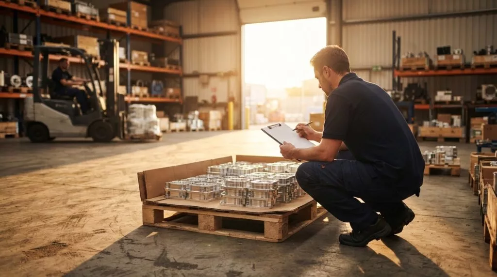 Warehouse worker checking machined aluminium parts on a pallet against the shipping paperwork
