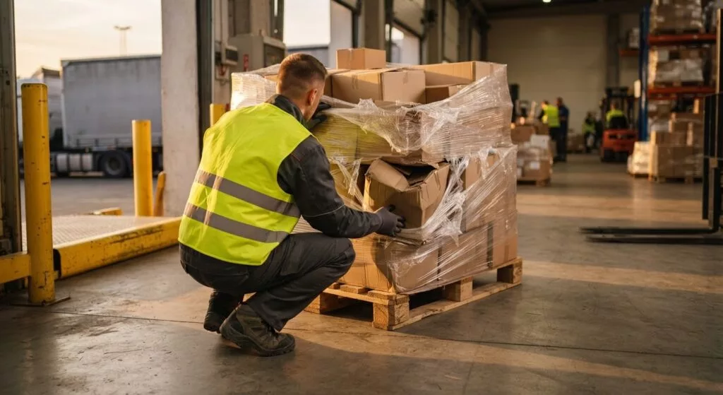Logistics worker inspecting a damaged corner of a wrapped pallet at the delivery bay
