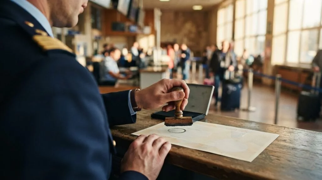 Customs officer stamping a EUR.1 movement certificate at a counter