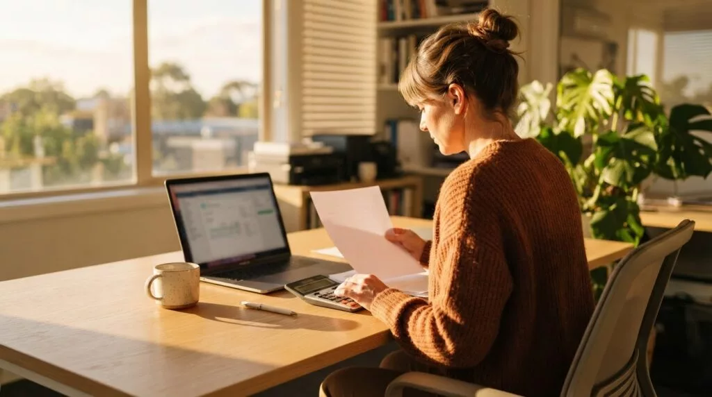 Import administrator calculating import duty at a desk with an invoice and a calculator