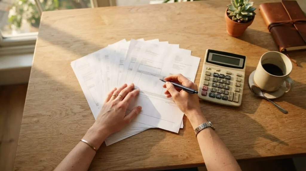 Stack of shipping invoices and a calculator on a desk while working out import duty