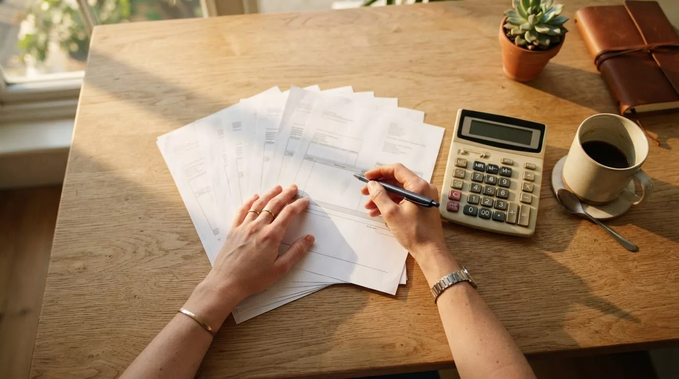 Stack of shipping invoices and a calculator on a desk while working out import duty