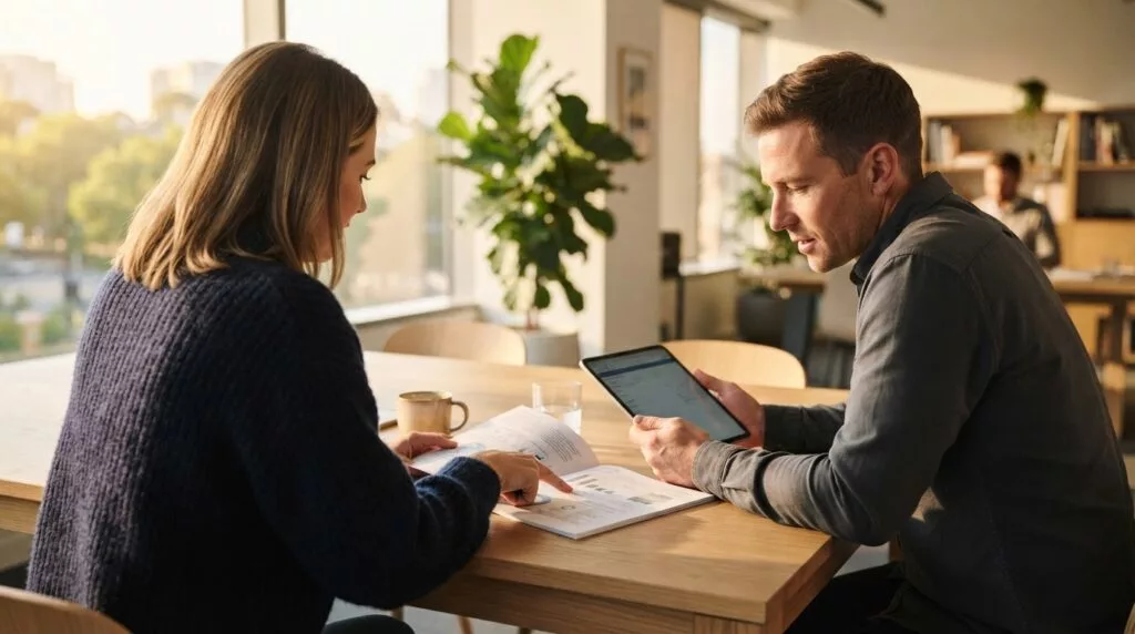 Importer and customs broker discussing an authorisation at an office table