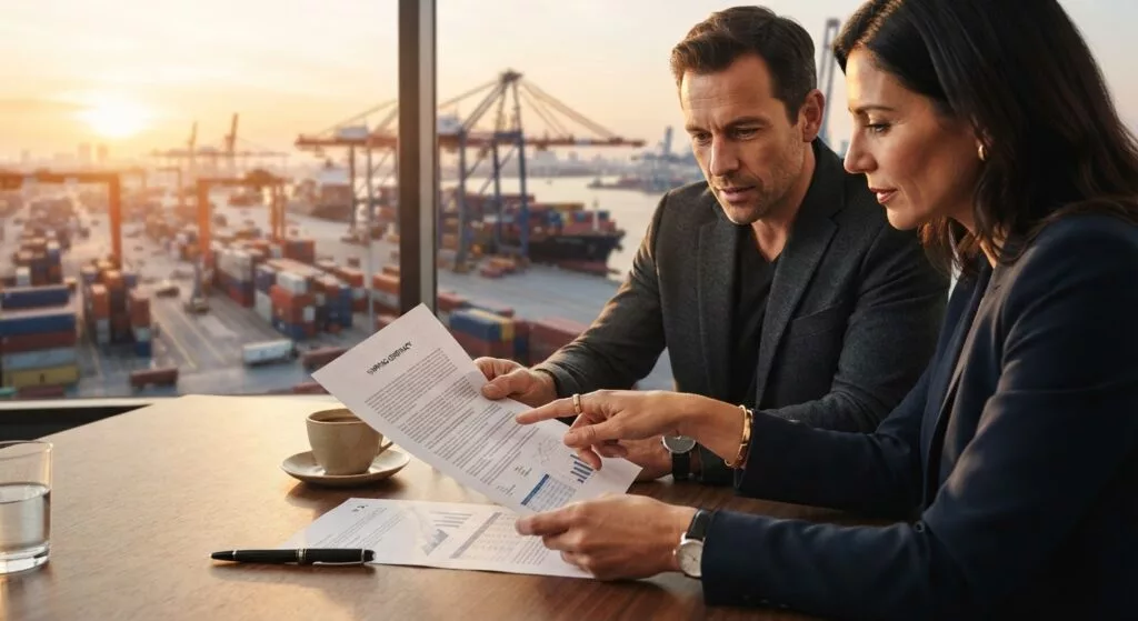 Buyer and seller reviewing the delivery terms in a sales contract together