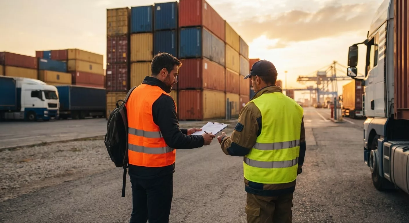 Freight forwarder handing shipping paperwork to a driver at a container terminal gate