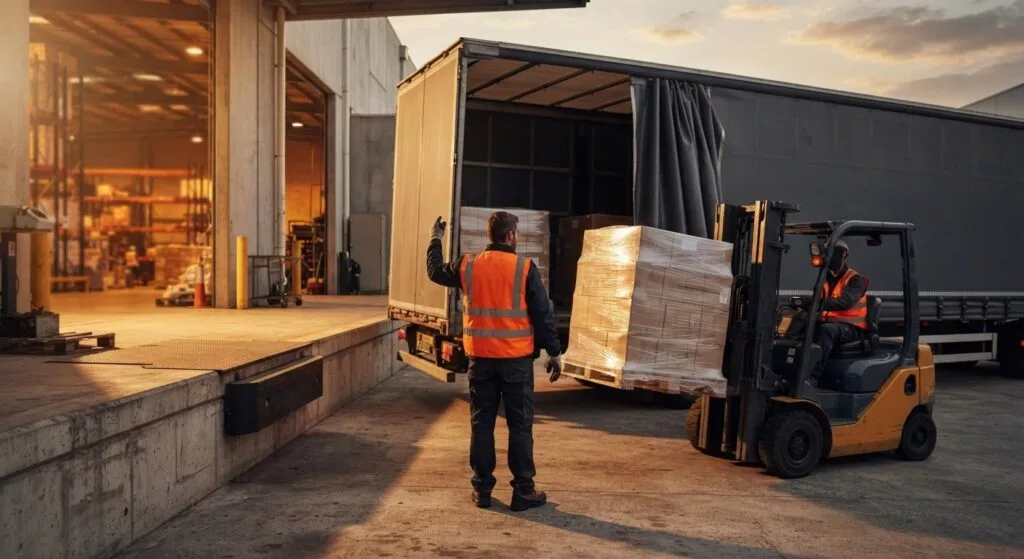 Worker guiding pallets being loaded into a trailer at a factory loading dock