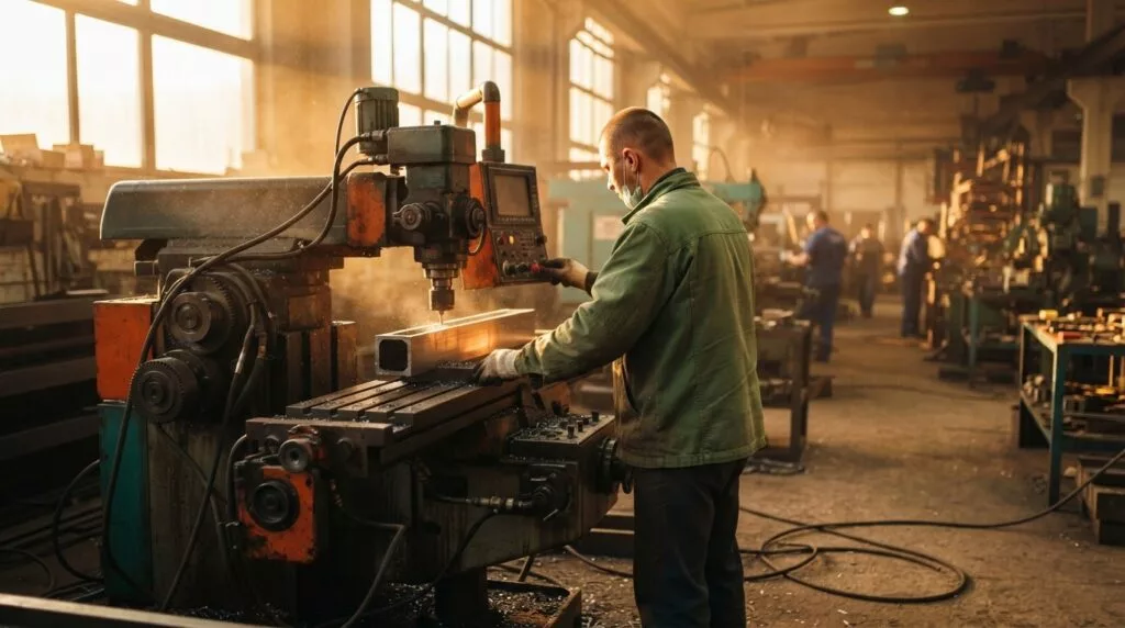 Machine operator working a metal component in a production hall