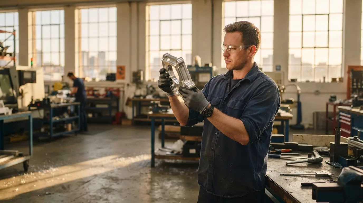 Technician inspecting a machined aluminium component in a workshop