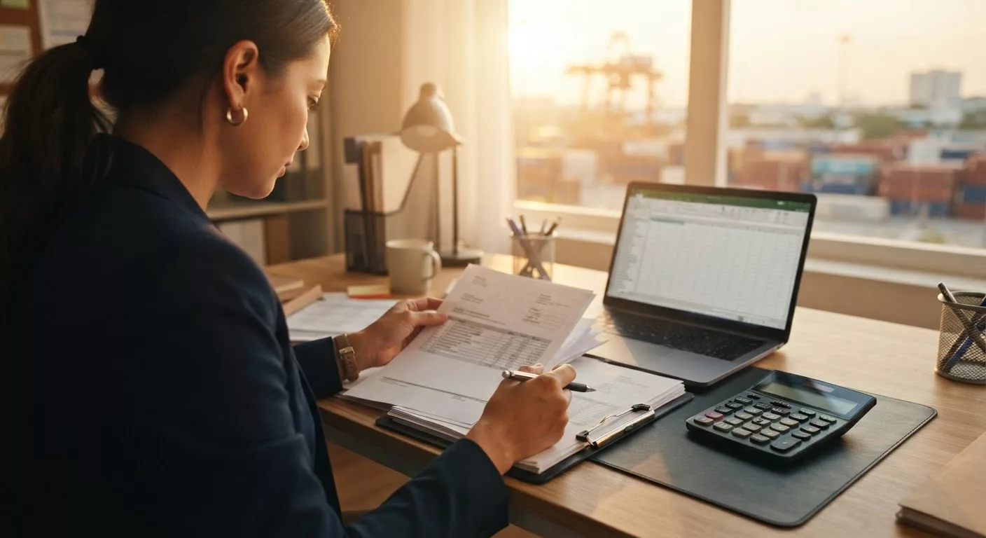 Export administrator preparing a proforma invoice at a desk with a laptop and a calculator