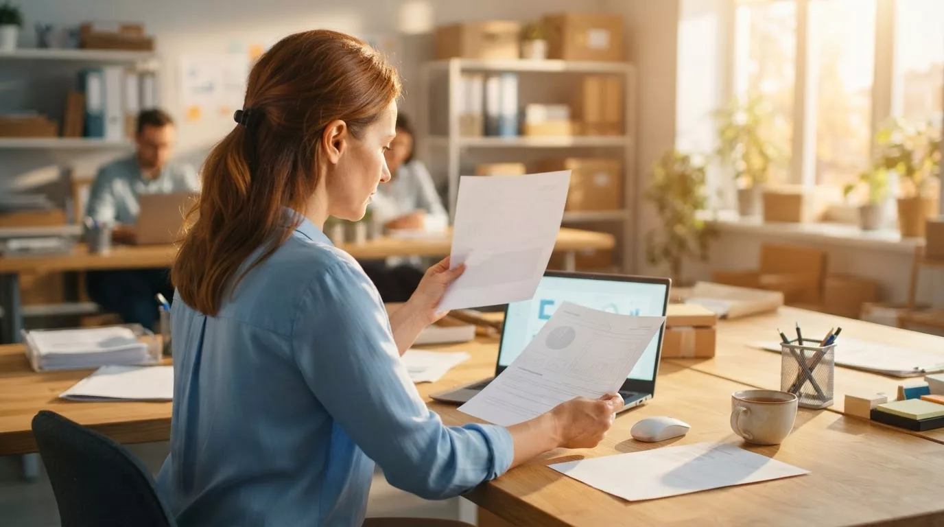 Export administrator comparing a commercial invoice with a packing list in a bright office
