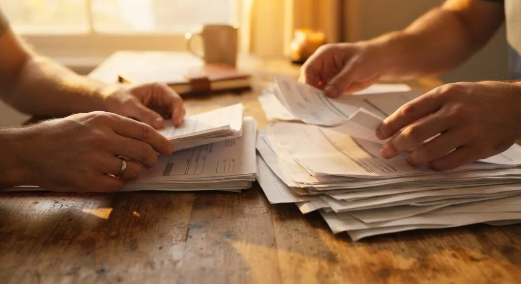 Hands sorting a stack of invoices and shipping documents on a wooden desk
