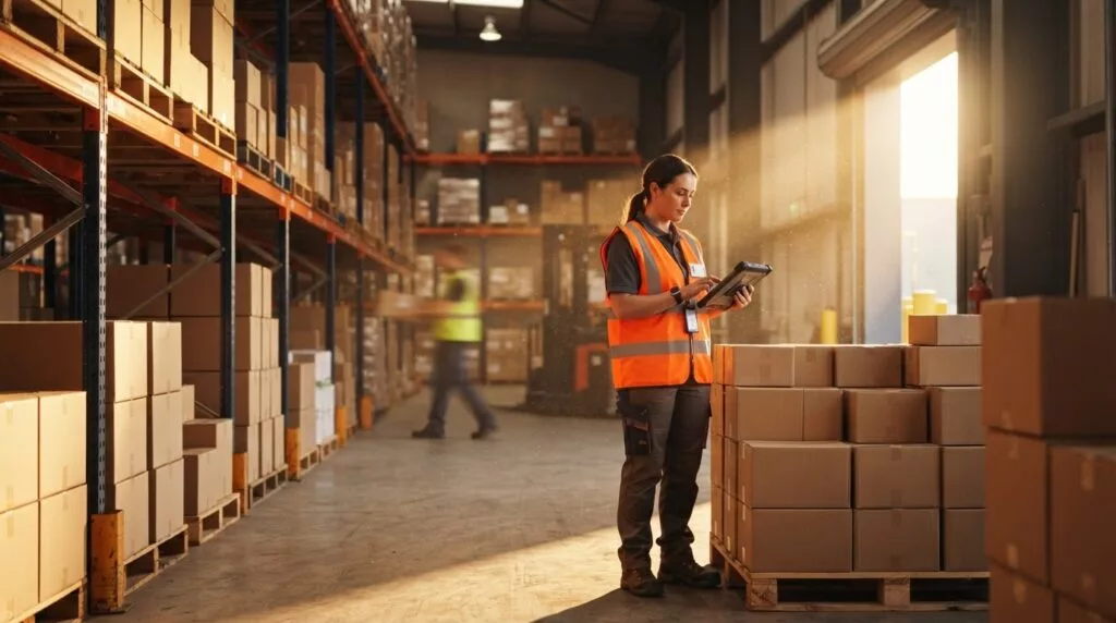 Logistics employee recording goods held under a customs procedure in a warehouse