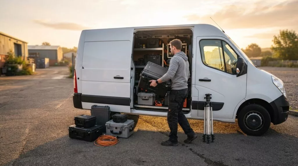 Technician loading professional measurement equipment into a van for temporary export